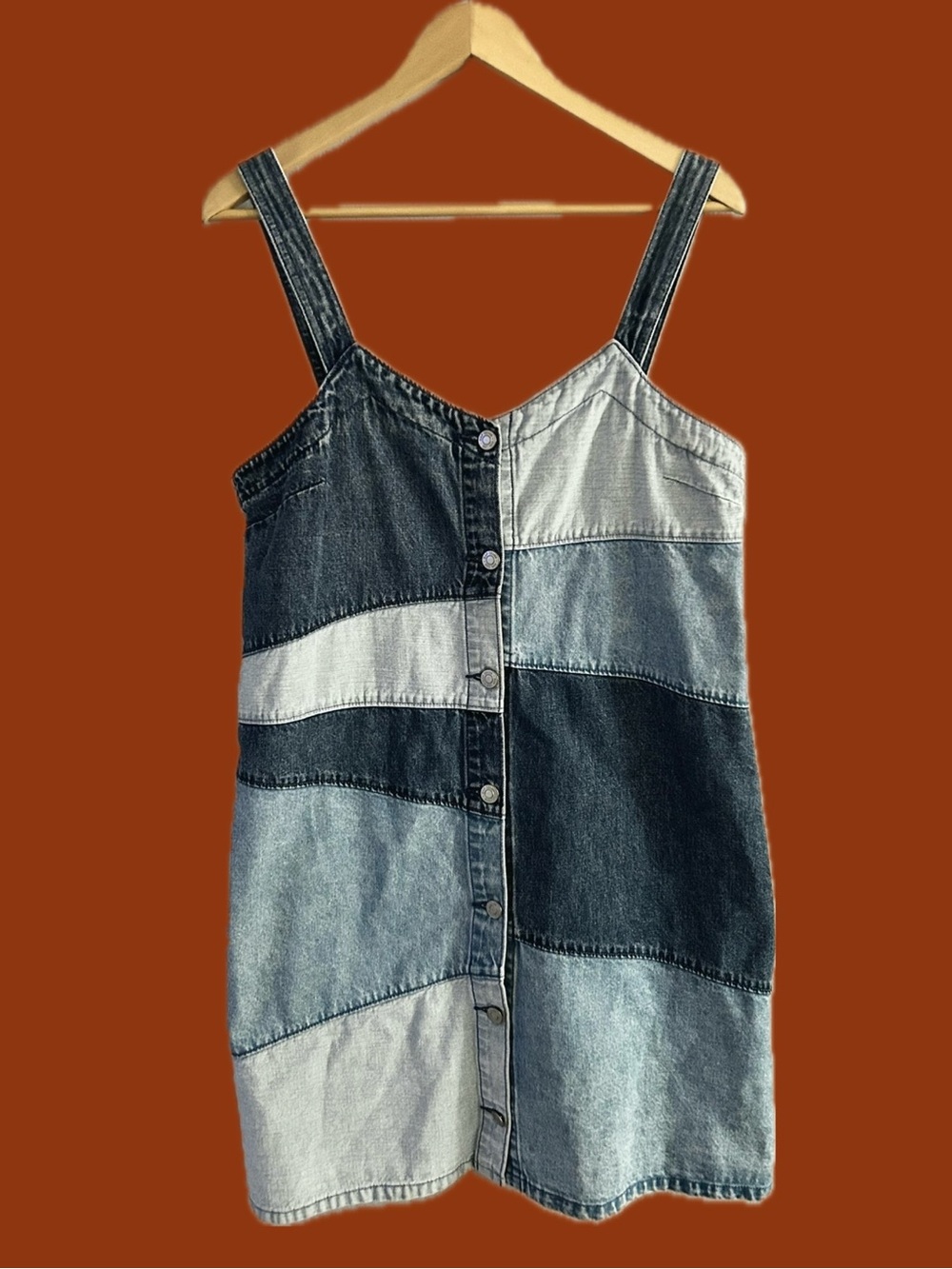GAP Strappy Patchwork Denim Mini Dress in Mixed Blue Washes
